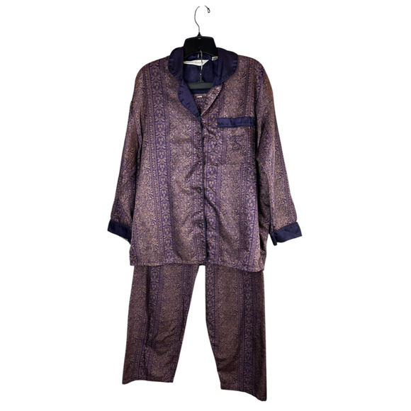 Victoria's Secret Satin-Like Pajama Set Purple Gold Paisley Button Shirt Pants S - Picture 14 of 16
